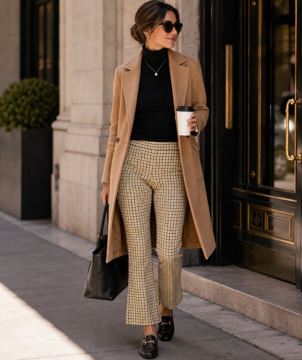 Spanx The Perfect Pant Kick Flare Houndstooth Plaid Yellow Black XL